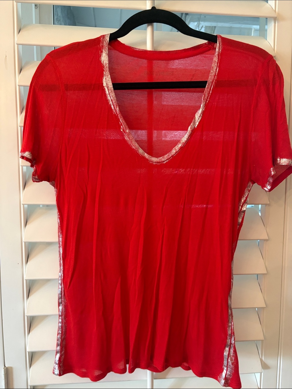 Zadig and Voltaire Red V-Neck Sheer Tee with Silver Trim